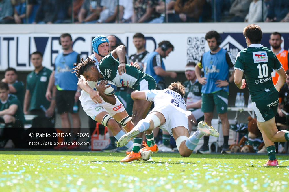 Théo Attissogbe, lors du match de Top 14 entre l'Aviron bayonnais et la Section paloise, le 18 avril 2026 au stade Jean Dauger de Bayonne, France (Photo Pablo ORDAS)