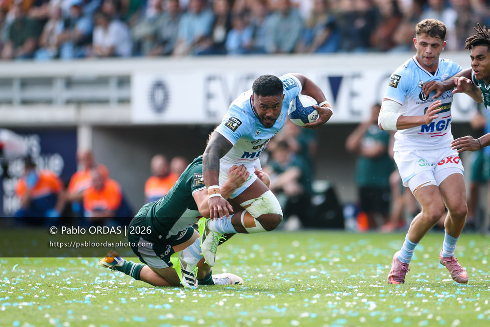 Manu Tuilagi, lors du match de Top 14 entre l'Aviron bayonnais et la Section paloise, le 18 avril 2026 au stade Jean Dauger de Bayonne, France (Photo Pablo ORDAS)