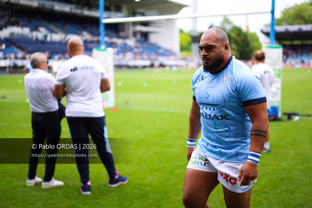 Emerick Setiano, lors du match de Top 14 entre l'Aviron bayonnais et l'Union Bordeaux Bègles, le 9 mai 2026 au stade Jean Dauger de Bayonne, France (Photo Pablo ORDAS)