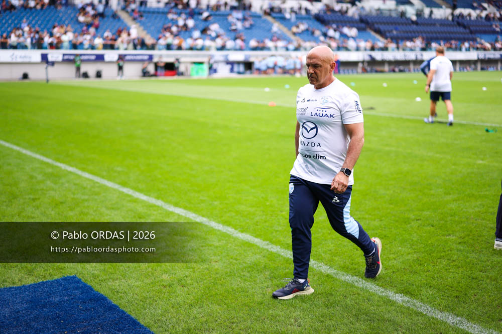 Laurent Travers, lors du match de Top 14 entre l'Aviron bayonnais et l'Union Bordeaux Bègles, le 9 mai 2026 au stade Jean Dauger de Bayonne, France (Photo Pablo ORDAS)