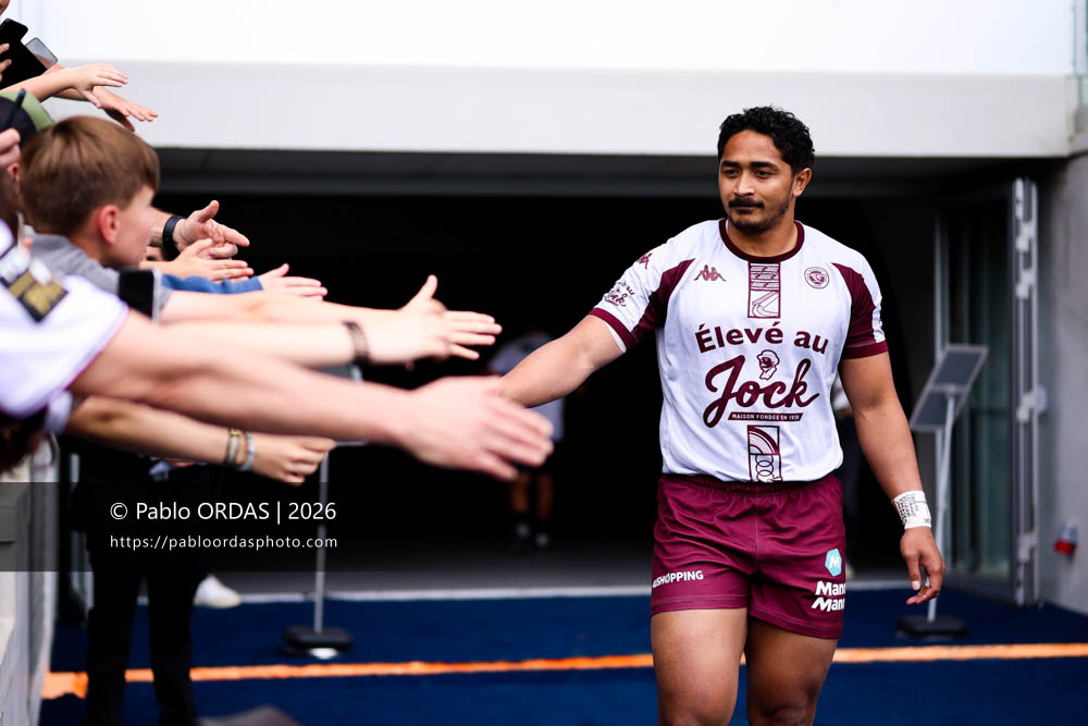 Yoram Moefana, lors du match de Top 14 entre l'Aviron bayonnais et l'Union Bordeaux Bègles, le 9 mai 2026 au stade Jean Dauger de Bayonne, France (Photo Pablo ORDAS)