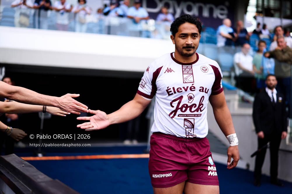 Yoram Moefana, lors du match de Top 14 entre l'Aviron bayonnais et l'Union Bordeaux Bègles, le 9 mai 2026 au stade Jean Dauger de Bayonne, France (Photo Pablo ORDAS)