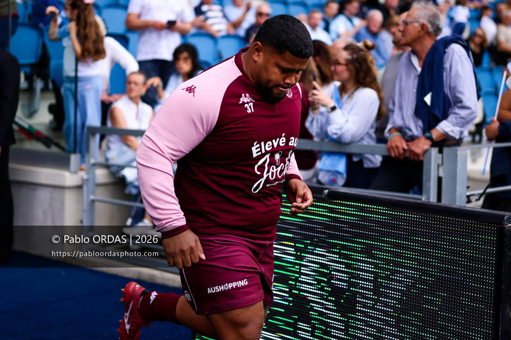 Toma Taufa, lors du match de Top 14 entre l'Aviron bayonnais et l'Union Bordeaux Bègles, le 9 mai 2026 au stade Jean Dauger de Bayonne, France (Photo Pablo ORDAS)