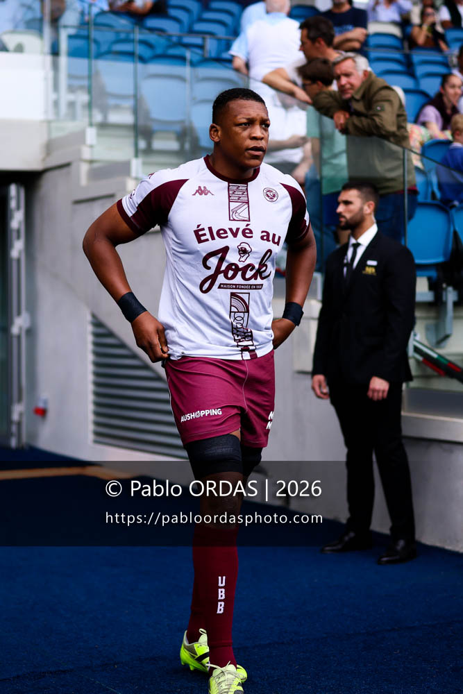 Cameron Woki, lors du match de Top 14 entre l'Aviron bayonnais et l'Union Bordeaux Bègles, le 9 mai 2026 au stade Jean Dauger de Bayonne, France (Photo Pablo ORDAS)