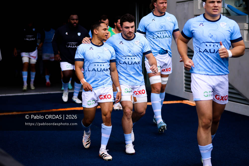 Herschel Jantjies, Mateo Carreras, lors du match de Top 14 entre l'Aviron bayonnais et l'Union Bordeaux Bègles, le 9 mai 2026 au stade Jean Dauger de Bayonne, France (Photo Pablo ORDAS)