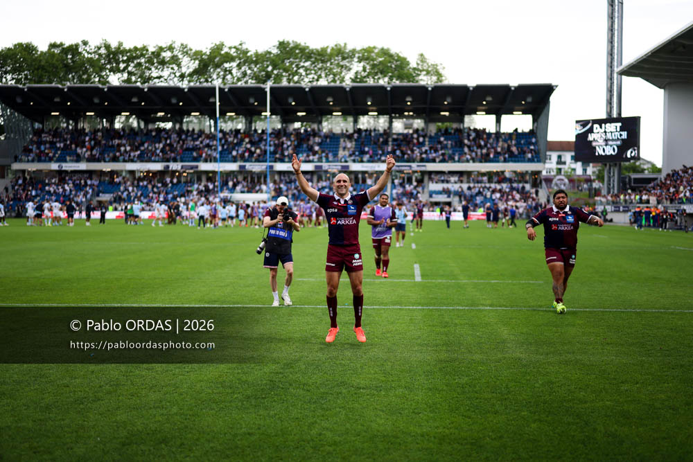 Maxime Lucu, lors du match de Top 14 entre l'Aviron bayonnais et l'Union Bordeaux Bègles, le 9 mai 2026 au stade Jean Dauger de Bayonne, France (Photo Pablo ORDAS)
