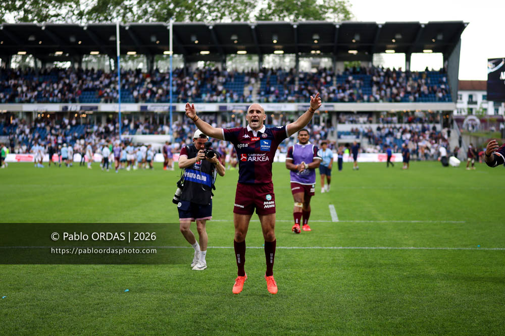 Maxime Lucu, lors du match de Top 14 entre l'Aviron bayonnais et l'Union Bordeaux Bègles, le 9 mai 2026 au stade Jean Dauger de Bayonne, France (Photo Pablo ORDAS)