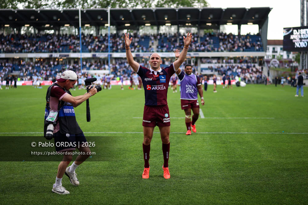 Maxime Lucu, lors du match de Top 14 entre l'Aviron bayonnais et l'Union Bordeaux Bègles, le 9 mai 2026 au stade Jean Dauger de Bayonne, France (Photo Pablo ORDAS)