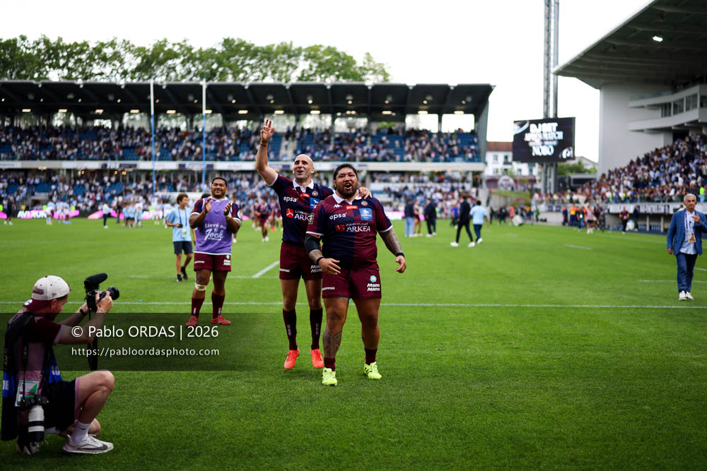 Maxime Lucu, Ben Tameifuna, lors du match de Top 14 entre l'Aviron bayonnais et l'Union Bordeaux Bègles, le 9 mai 2026 au stade Jean Dauger de Bayonne, France (Photo Pablo ORDAS)