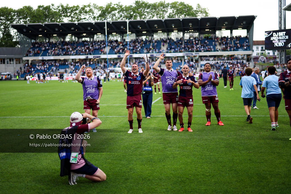 Maxime Lamothe, Gaëtan Barlot, Bastien Vergnes-Taillefer, Maxime Lucu, Sipili Falatea, lors du match de Top 14 entre l'Aviron bayonnais et l'Union Bordeaux Bègles, le 9 mai 2026 au stade Jean Dauger de Bayonne, France (Photo Pablo ORDAS)