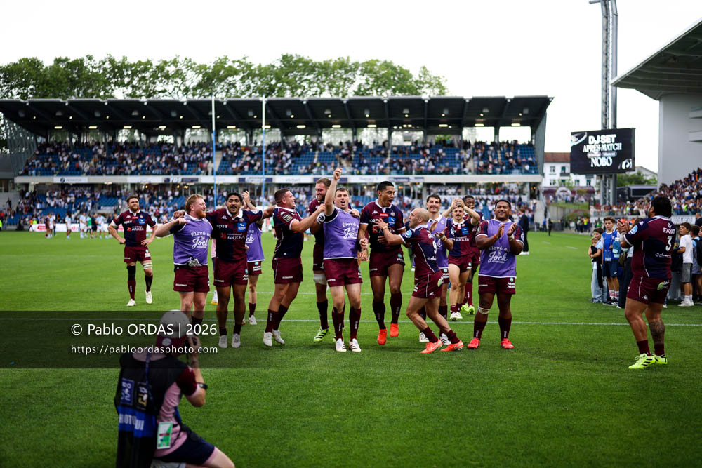 Maxime Lamothe, Gaëtan Barlot, Pierre Bochaton, Bastien Vergnes-Taillefer, Salesi Rayasi, Maxime Lucu, Sipili Falatea, lors du match de Top 14 entre l'Aviron bayonnais et l'Union Bordeaux Bègles, le 9 mai 2026 au stade Jean Dauger de Bayonne, France (Photo Pablo ORDAS)