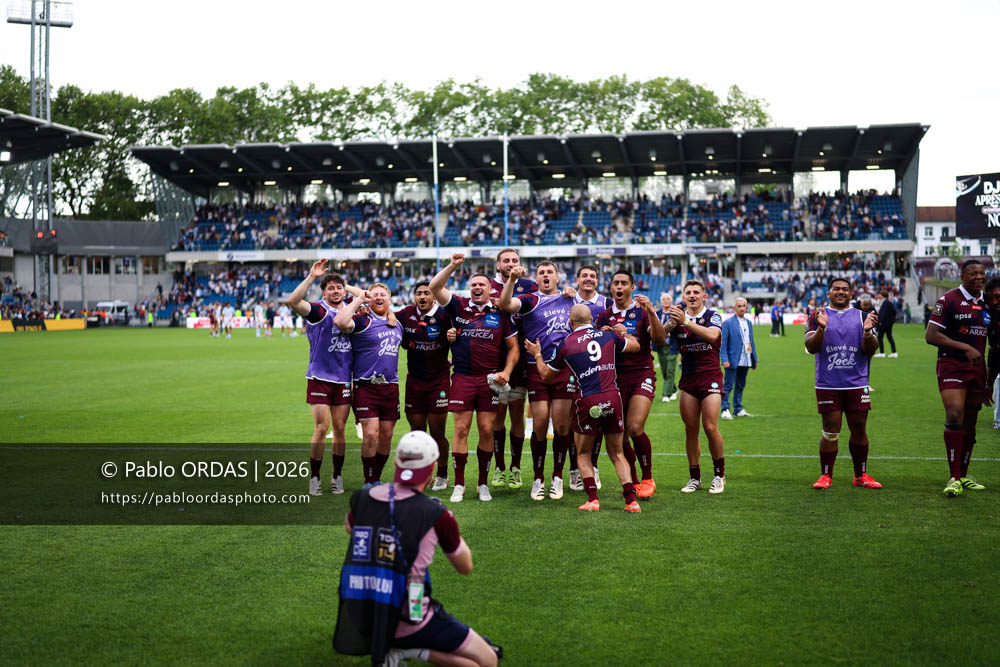 Hugo Reus, Maxime Lamothe, Yoram Moefana, Gaëtan Barlot, Pierre Bochaton, Bastien Vergnes-Taillefer, Salesi Rayasi, Maxime Lucu, Sipili Falatea, Pablo Uberti, Xan Mousques, lors du match de Top 14 entre l'Aviron bayonnais et l'Union Bordeaux Bègles, le 9 mai 2026 au stade Jean Dauger de Bayonne, France (Photo Pablo ORDAS)