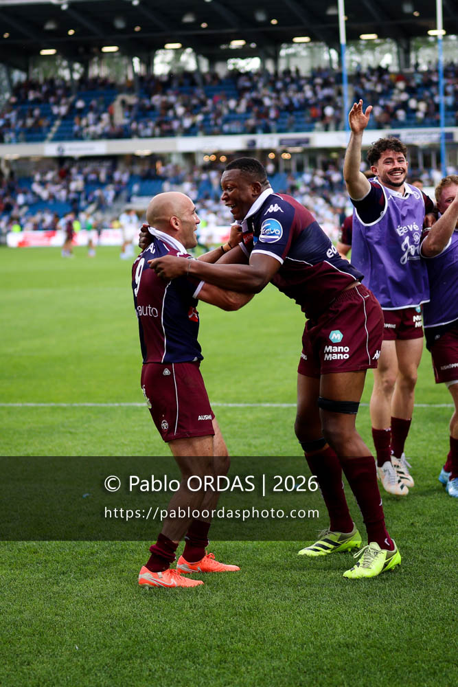 Maxime Lucu, Cameron Woki, lors du match de Top 14 entre l'Aviron bayonnais et l'Union Bordeaux Bègles, le 9 mai 2026 au stade Jean Dauger de Bayonne, France (Photo Pablo ORDAS)