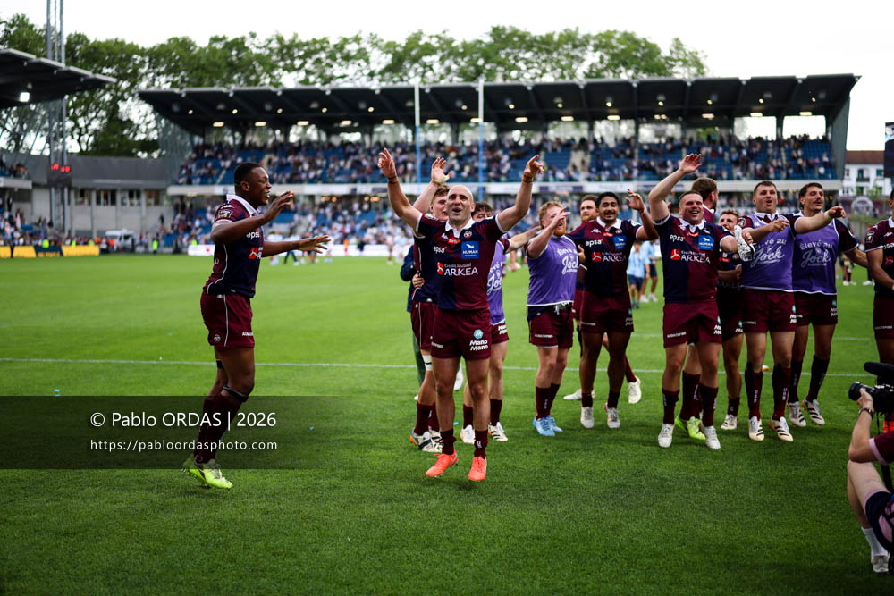 Maxime Lucu, Cameron Woki, lors du match de Top 14 entre l'Aviron bayonnais et l'Union Bordeaux Bègles, le 9 mai 2026 au stade Jean Dauger de Bayonne, France (Photo Pablo ORDAS)