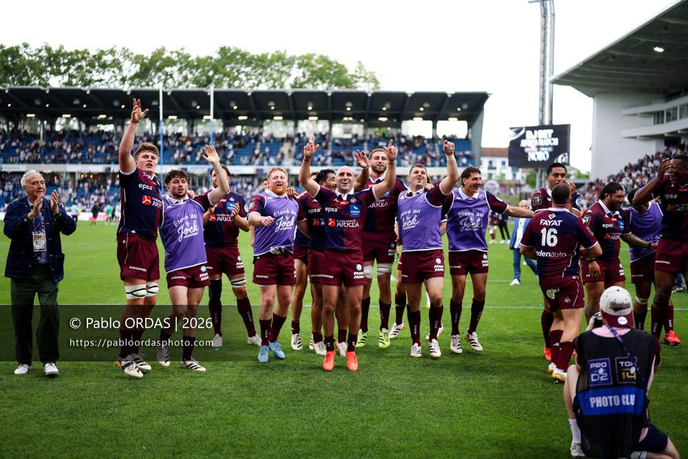 Marko Gazzotti, Hugo Reus, Maxime Lamothe, Maxime Lucu, lors du match de Top 14 entre l'Aviron bayonnais et l'Union Bordeaux Bègles, le 9 mai 2026 au stade Jean Dauger de Bayonne, France (Photo Pablo ORDAS)