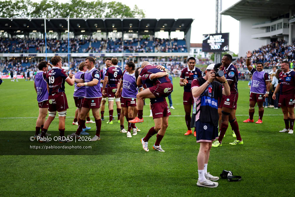 Matthieu Jalibert, Maxime Lucu, lors du match de Top 14 entre l'Aviron bayonnais et l'Union Bordeaux Bègles, le 9 mai 2026 au stade Jean Dauger de Bayonne, France (Photo Pablo ORDAS)