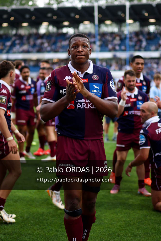 Cameron Woki, lors du match de Top 14 entre l'Aviron bayonnais et l'Union Bordeaux Bègles, le 9 mai 2026 au stade Jean Dauger de Bayonne, France (Photo Pablo ORDAS)