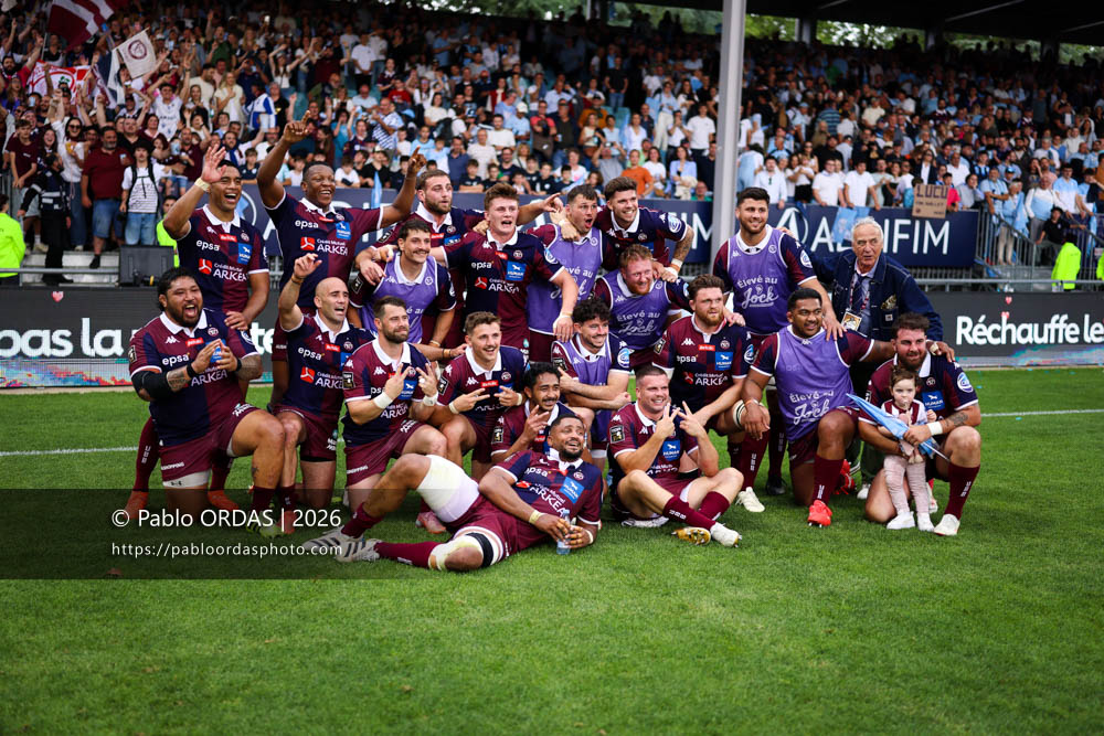 Ben Tameifuna, Maxime Lucu, Arthur Retière, Xan Mousques, Pablo Uberti, Cameron Woki, Pierre Bochaton, Marko Gazzotti, Bastien Vergnes-Taillefer, Matthieu Jalibert, Maxime Lamothe, Cyril Cazeaux, Hugo Reus, Ugo Boniface, Sipili Falatea, Boris Palu, Yoram Moefana, Gaëtan Barlot, lors du match de Top 14 entre l'Aviron bayonnais et l'Union Bordeaux Bègles, le 9 mai 2026 au stade Jean Dauger de Bayonne, France (Photo Pablo ORDAS)
