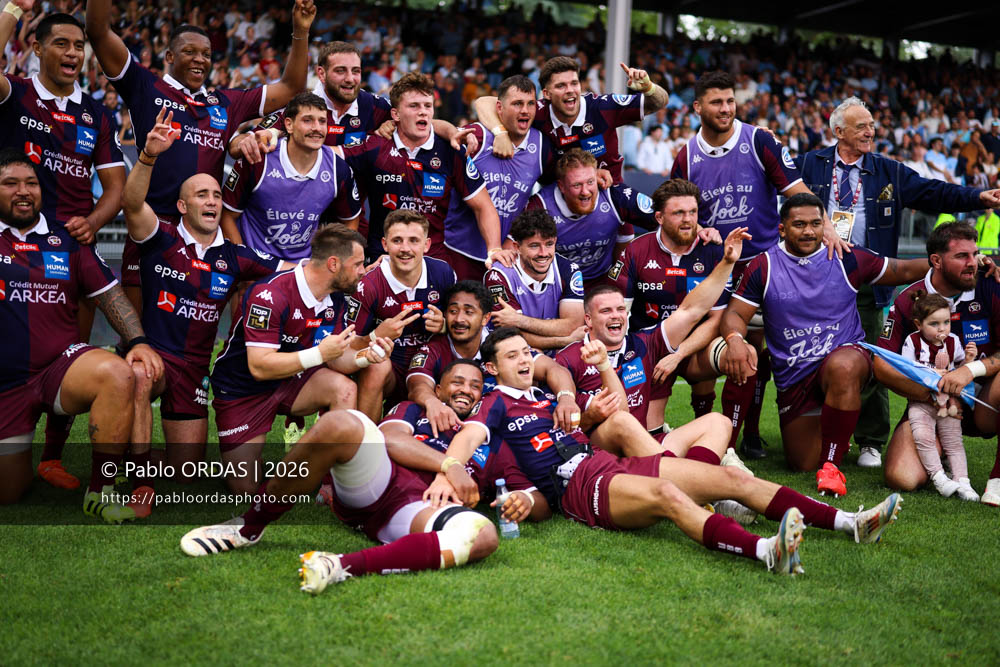 Boris Palu, Maxime Lucu, Xan Mousques, Louis Bielle-Biarrey, Gaëtan Barlot, Hugo Reus, Marko Gazzotti, Matthieu Jalibert, lors du match de Top 14 entre l'Aviron bayonnais et l'Union Bordeaux Bègles, le 9 mai 2026 au stade Jean Dauger de Bayonne, France (Photo Pablo ORDAS)