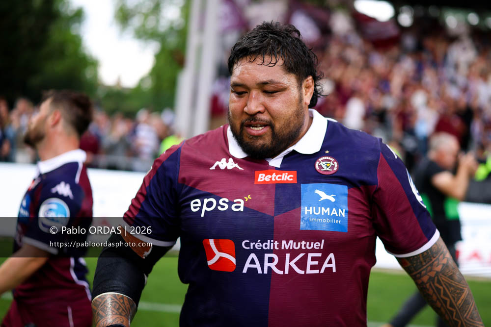 Ben Tameifuna, lors du match de Top 14 entre l'Aviron bayonnais et l'Union Bordeaux Bègles, le 9 mai 2026 au stade Jean Dauger de Bayonne, France (Photo Pablo ORDAS)
