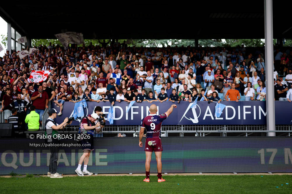 Maxime Lucu, lors du match de Top 14 entre l'Aviron bayonnais et l'Union Bordeaux Bègles, le 9 mai 2026 au stade Jean Dauger de Bayonne, France (Photo Pablo ORDAS)