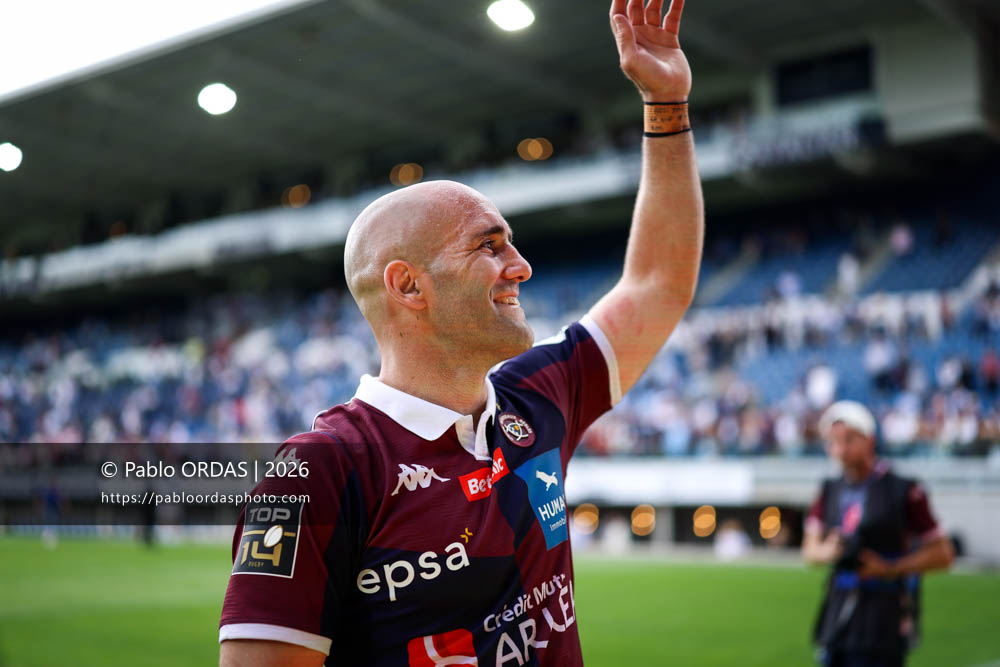 Maxime Lucu, lors du match de Top 14 entre l'Aviron bayonnais et l'Union Bordeaux Bègles, le 9 mai 2026 au stade Jean Dauger de Bayonne, France (Photo Pablo ORDAS)