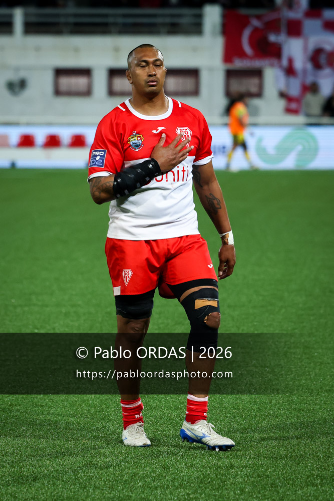 Piula Fa'asalele, lors du match de Pro D2 entre le Biarritz olympique et Carcassonne, le 15 mai 2026 au stade Aguiléra de Biarritz, France (Photo Pablo ORDAS)