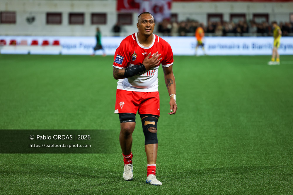 Piula Fa'asalele, lors du match de Pro D2 entre le Biarritz olympique et Carcassonne, le 15 mai 2026 au stade Aguiléra de Biarritz, France (Photo Pablo ORDAS)