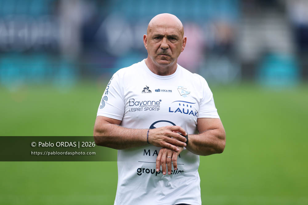Laurent Travers, lors du match de Top 14 entre l'Aviron bayonnais et l'Union Bordeaux Bègles, le 9 mai 2026 au stade Jean Dauger de Bayonne, France (Photo Pablo ORDAS)