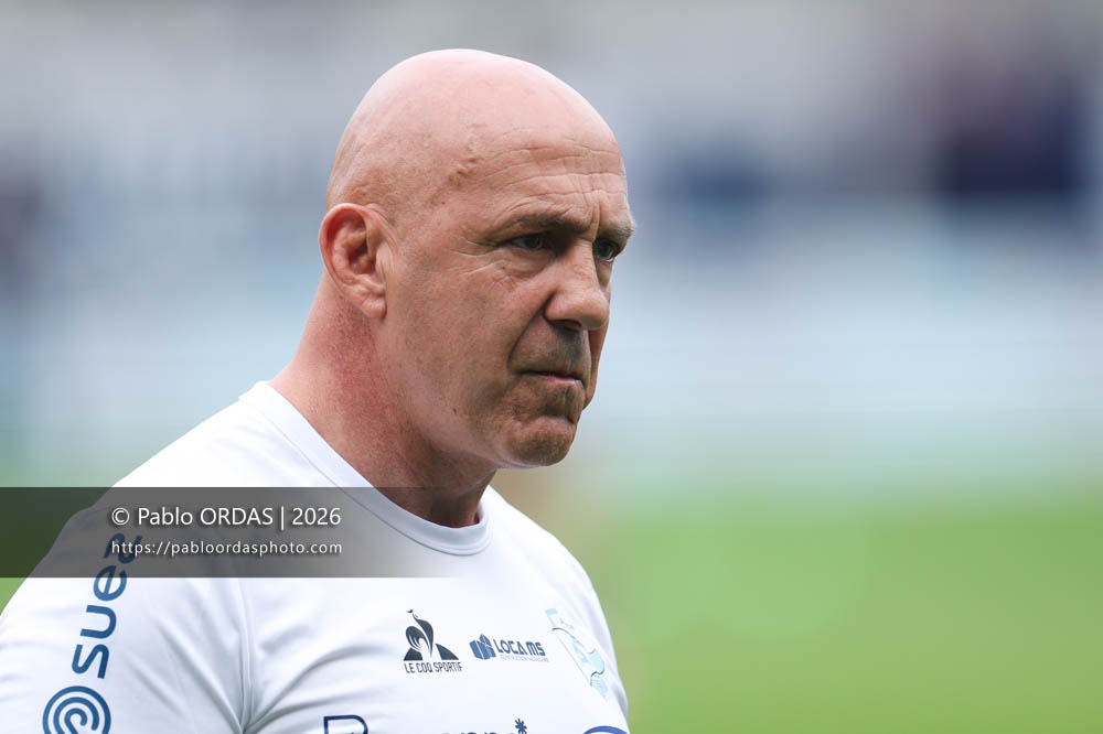 Laurent Travers, lors du match de Top 14 entre l'Aviron bayonnais et l'Union Bordeaux Bègles, le 9 mai 2026 au stade Jean Dauger de Bayonne, France (Photo Pablo ORDAS)