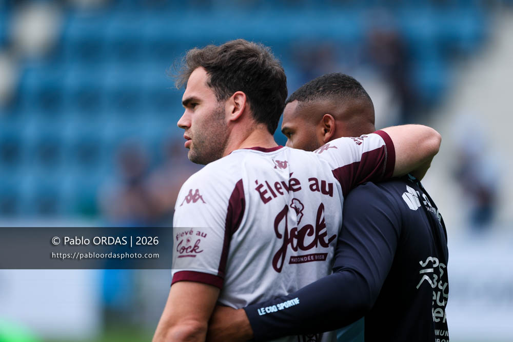 Damian Penaud, Cheikh Tiberghien, lors du match de Top 14 entre l'Aviron bayonnais et l'Union Bordeaux Bègles, le 9 mai 2026 au stade Jean Dauger de Bayonne, France (Photo Pablo ORDAS)