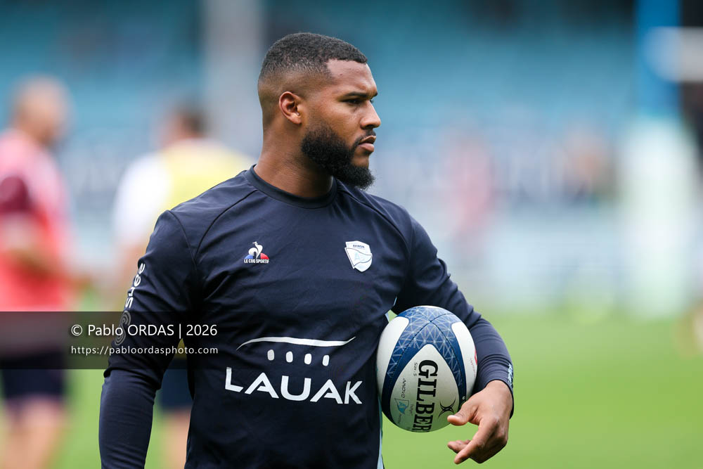 Cheikh Tiberghien, lors du match de Top 14 entre l'Aviron bayonnais et l'Union Bordeaux Bègles, le 9 mai 2026 au stade Jean Dauger de Bayonne, France (Photo Pablo ORDAS)