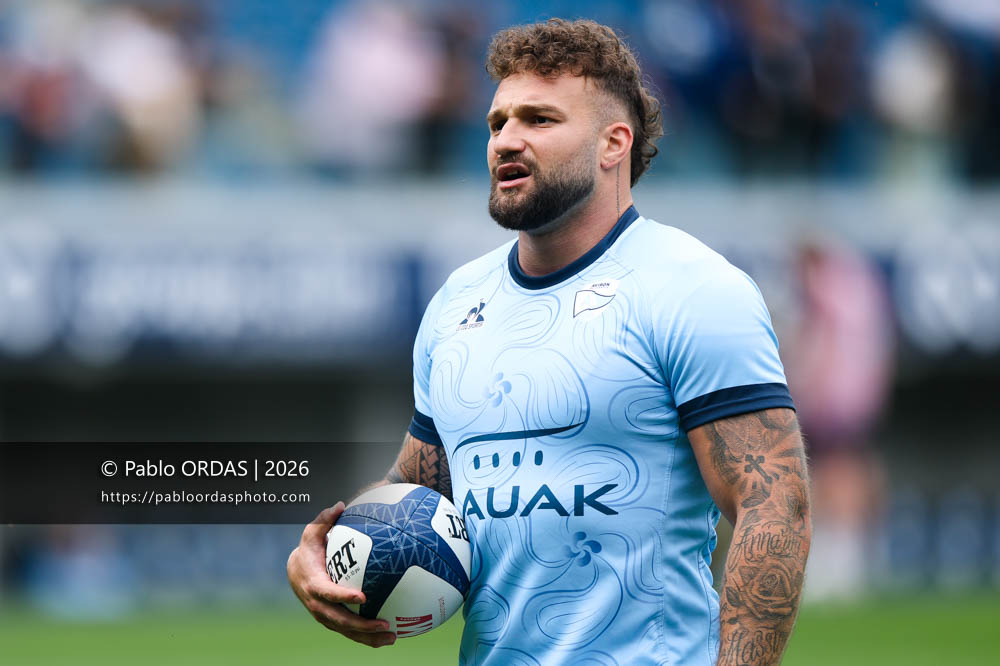 Federico Mori, lors du match de Top 14 entre l'Aviron bayonnais et l'Union Bordeaux Bègles, le 9 mai 2026 au stade Jean Dauger de Bayonne, France (Photo Pablo ORDAS)