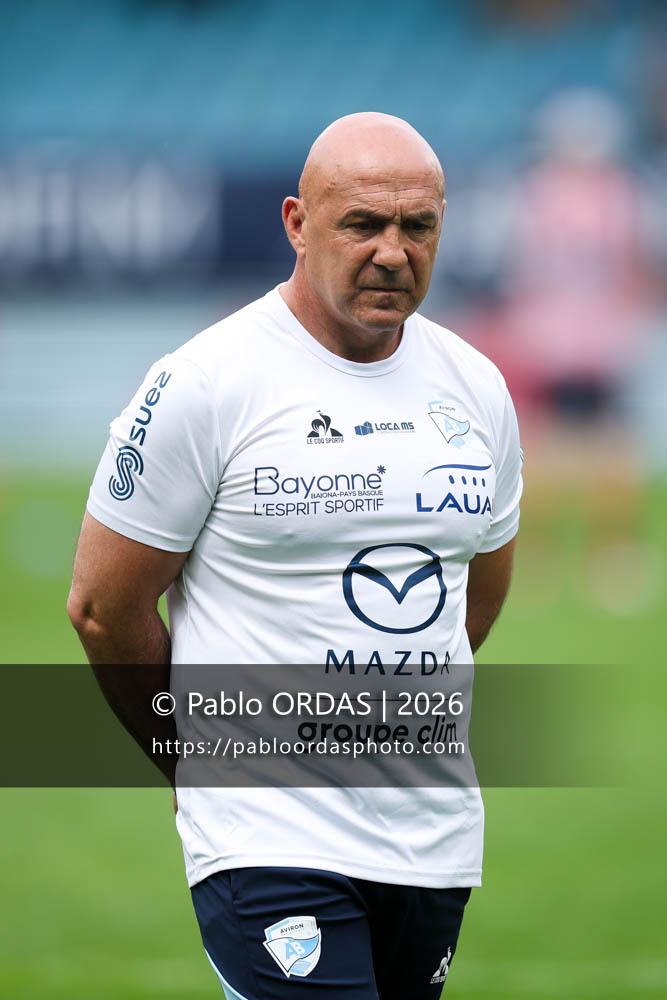 Laurent Travers, lors du match de Top 14 entre l'Aviron bayonnais et l'Union Bordeaux Bègles, le 9 mai 2026 au stade Jean Dauger de Bayonne, France (Photo Pablo ORDAS)