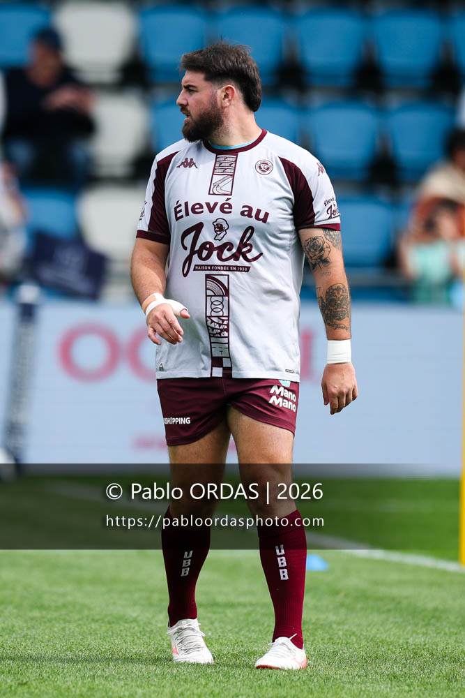 Ugo Boniface, lors du match de Top 14 entre l'Aviron bayonnais et l'Union Bordeaux Bègles, le 9 mai 2026 au stade Jean Dauger de Bayonne, France (Photo Pablo ORDAS)