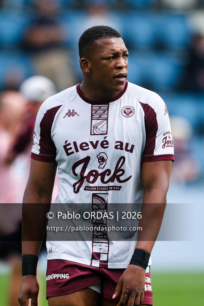 Cameron Woki, lors du match de Top 14 entre l'Aviron bayonnais et l'Union Bordeaux Bègles, le 9 mai 2026 au stade Jean Dauger de Bayonne, France (Photo Pablo ORDAS)