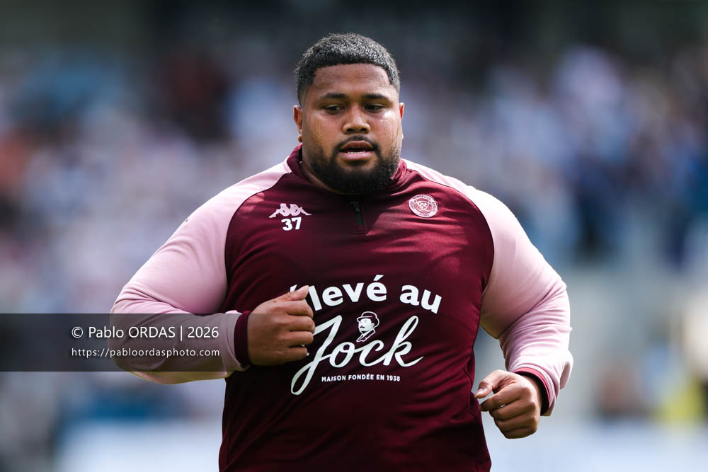 Toma Taufa, lors du match de Top 14 entre l'Aviron bayonnais et l'Union Bordeaux Bègles, le 9 mai 2026 au stade Jean Dauger de Bayonne, France (Photo Pablo ORDAS)