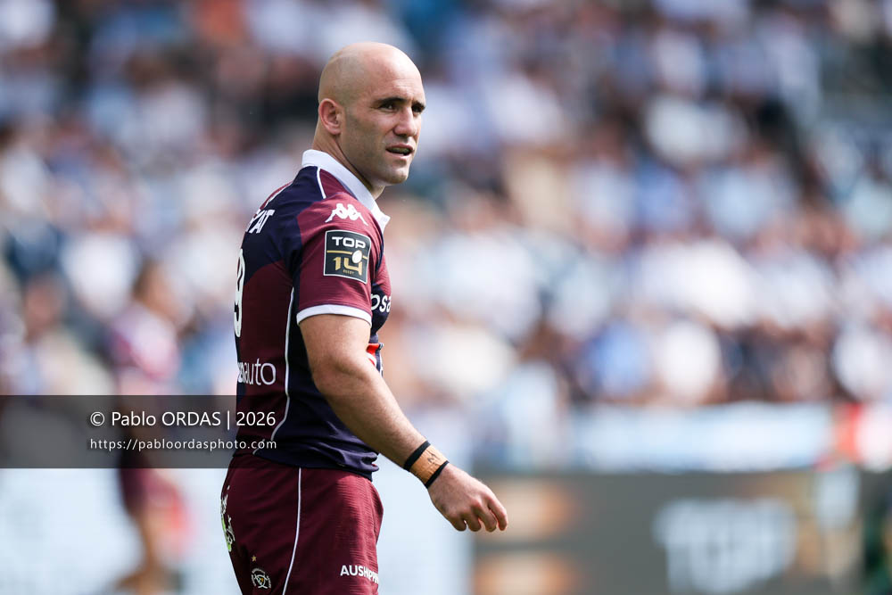 Maxime Lucu, lors du match de Top 14 entre l'Aviron bayonnais et l'Union Bordeaux Bègles, le 9 mai 2026 au stade Jean Dauger de Bayonne, France (Photo Pablo ORDAS)
