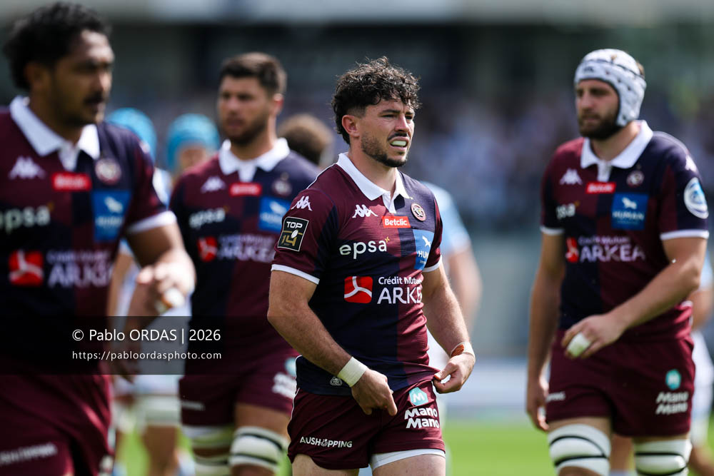 Hugo Reus, lors du match de Top 14 entre l'Aviron bayonnais et l'Union Bordeaux Bègles, le 9 mai 2026 au stade Jean Dauger de Bayonne, France (Photo Pablo ORDAS)
