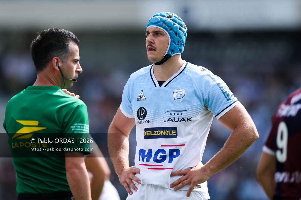 Esteban Capilla, lors du match de Top 14 entre l'Aviron bayonnais et l'Union Bordeaux Bègles, le 9 mai 2026 au stade Jean Dauger de Bayonne, France (Photo Pablo ORDAS)