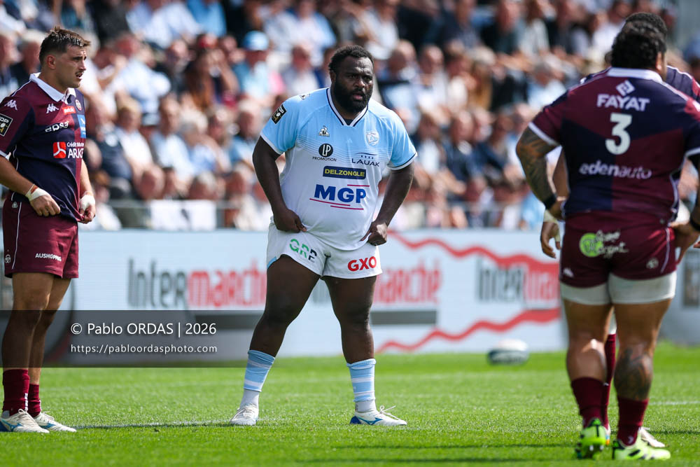 Luke Tagi, lors du match de Top 14 entre l'Aviron bayonnais et l'Union Bordeaux Bègles, le 9 mai 2026 au stade Jean Dauger de Bayonne, France (Photo Pablo ORDAS)