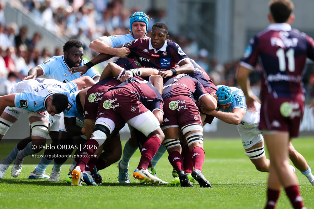 Cameron Woki, lors du match de Top 14 entre l'Aviron bayonnais et l'Union Bordeaux Bègles, le 9 mai 2026 au stade Jean Dauger de Bayonne, France (Photo Pablo ORDAS)