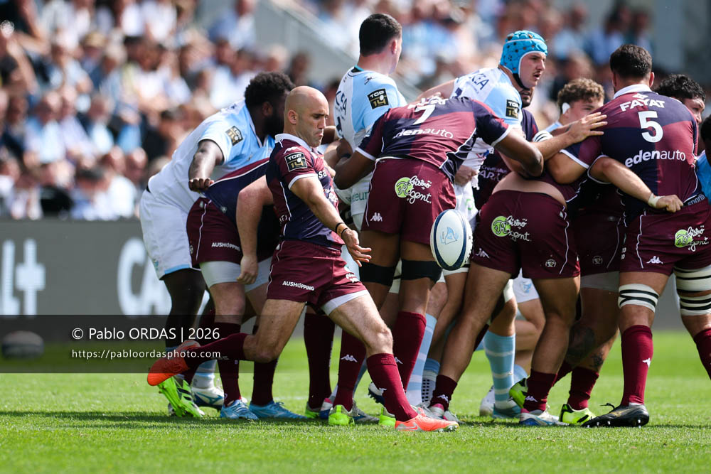 Maxime Lucu, lors du match de Top 14 entre l'Aviron bayonnais et l'Union Bordeaux Bègles, le 9 mai 2026 au stade Jean Dauger de Bayonne, France (Photo Pablo ORDAS)