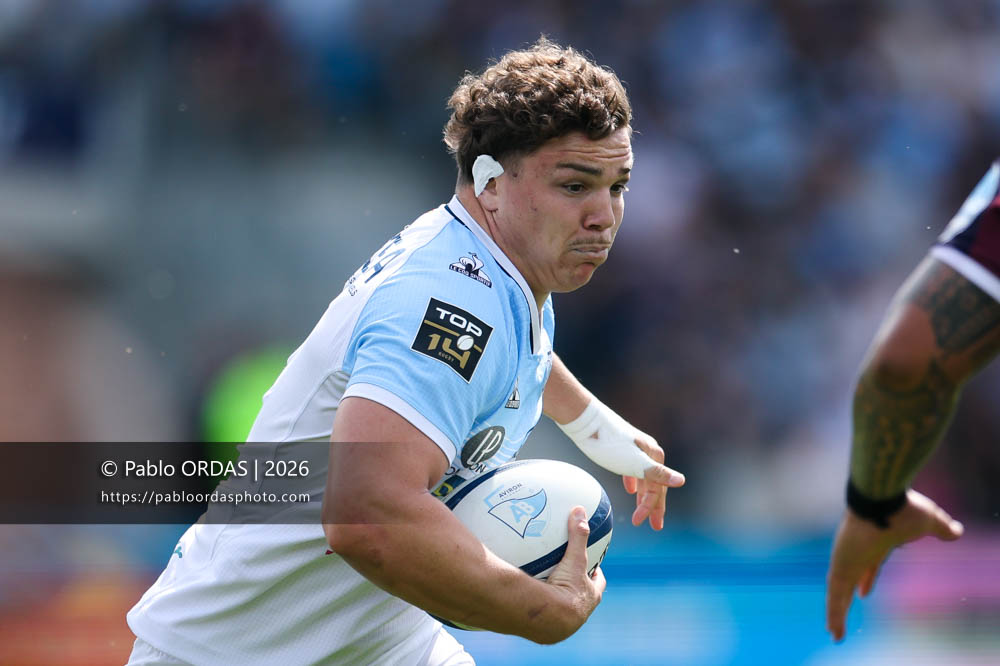 Lucas Martin, lors du match de Top 14 entre l'Aviron bayonnais et l'Union Bordeaux Bègles, le 9 mai 2026 au stade Jean Dauger de Bayonne, France (Photo Pablo ORDAS)