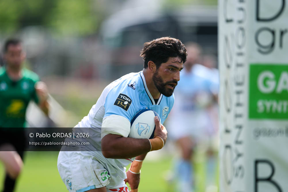 Rodrigo Bruni, lors du match de Top 14 entre l'Aviron bayonnais et l'Union Bordeaux Bègles, le 9 mai 2026 au stade Jean Dauger de Bayonne, France (Photo Pablo ORDAS)