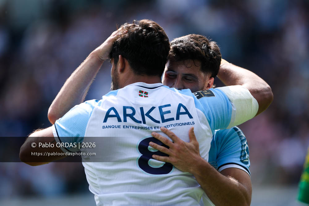 Rodrigo Bruni, Yohan Orabé, lors du match de Top 14 entre l'Aviron bayonnais et l'Union Bordeaux Bègles, le 9 mai 2026 au stade Jean Dauger de Bayonne, France (Photo Pablo ORDAS)