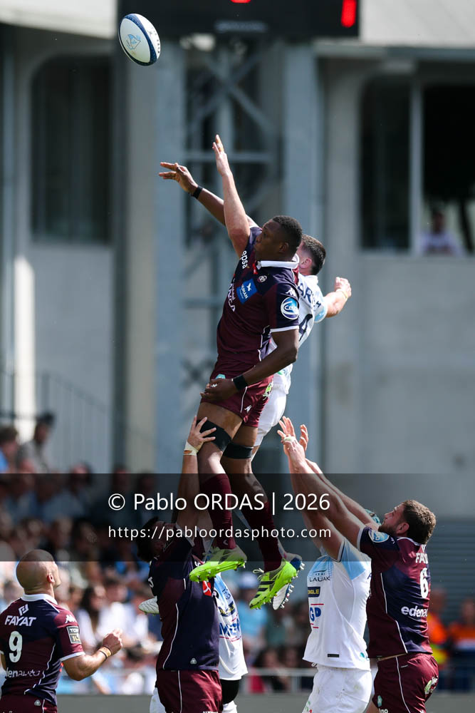 Cameron Woki, lors du match de Top 14 entre l'Aviron bayonnais et l'Union Bordeaux Bègles, le 9 mai 2026 au stade Jean Dauger de Bayonne, France (Photo Pablo ORDAS)