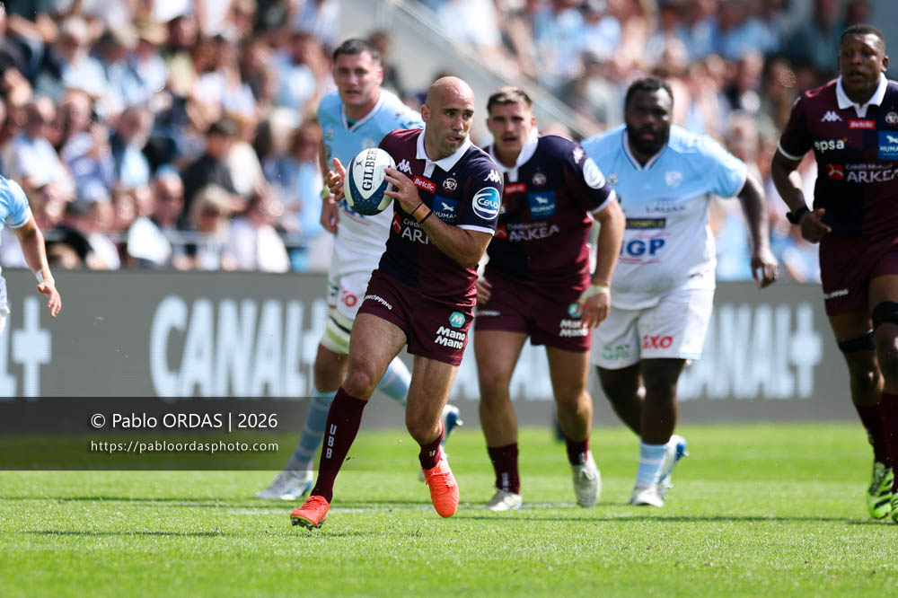 Maxime Lucu, lors du match de Top 14 entre l'Aviron bayonnais et l'Union Bordeaux Bègles, le 9 mai 2026 au stade Jean Dauger de Bayonne, France (Photo Pablo ORDAS)