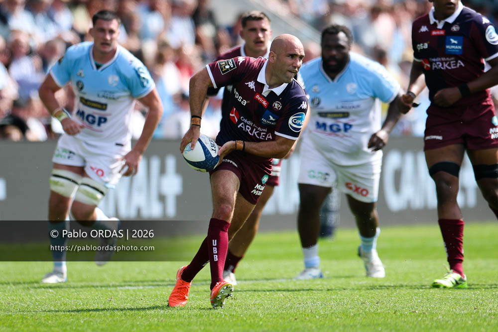 Maxime Lucu, lors du match de Top 14 entre l'Aviron bayonnais et l'Union Bordeaux Bègles, le 9 mai 2026 au stade Jean Dauger de Bayonne, France (Photo Pablo ORDAS)