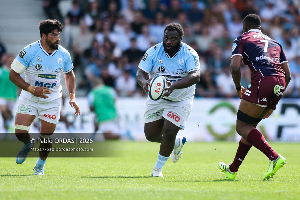 Luke Tagi, lors du match de Top 14 entre l'Aviron bayonnais et l'Union Bordeaux Bègles, le 9 mai 2026 au stade Jean Dauger de Bayonne, France (Photo Pablo ORDAS)